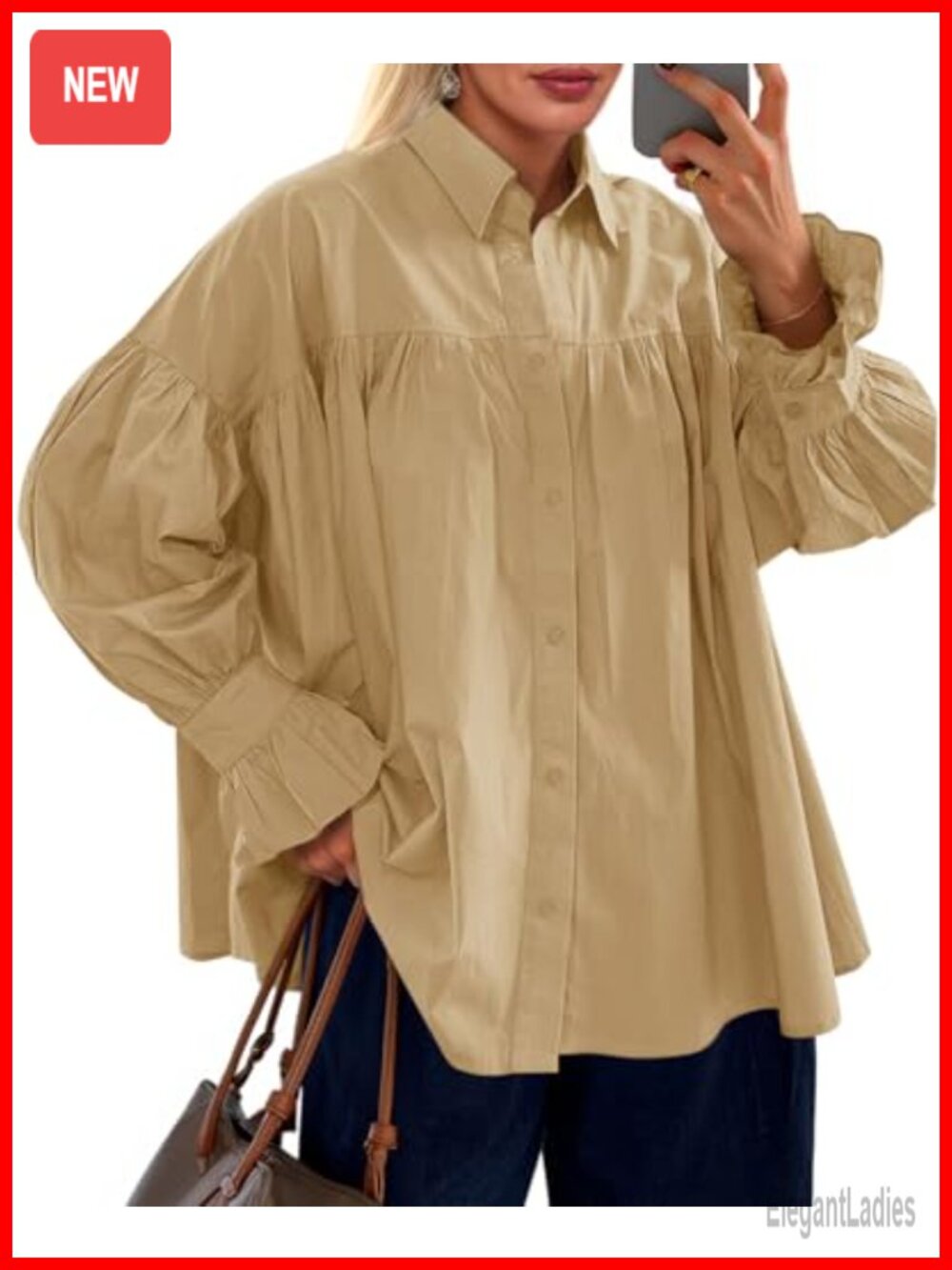 Oversized Puff Long Sleeve Button Down Babydoll Blouse Ruffle